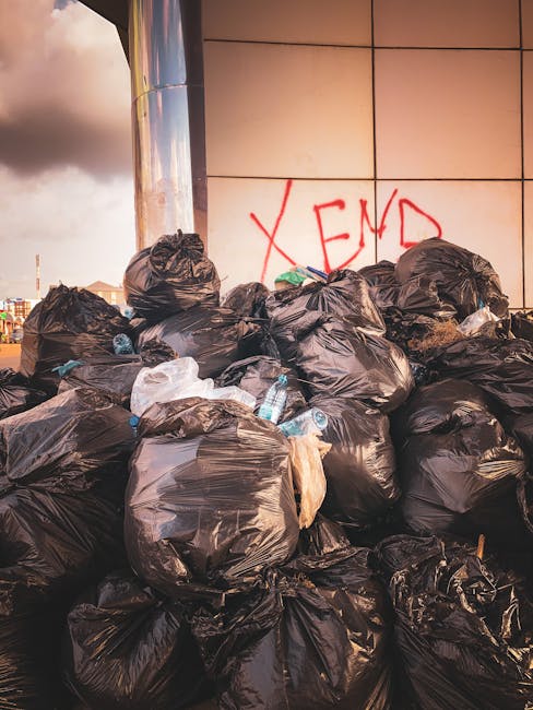 A row of large wheeled rubbish bins lined up outdoors against a brick wall, with the bins in various colours including green, blue, red, and black. The green bin at the front has a textured lid with h